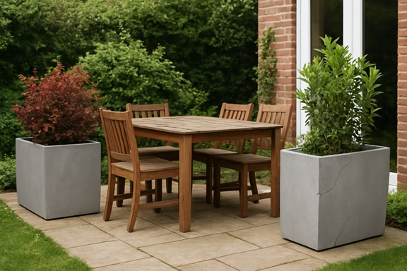 Planters in outdoor dining area